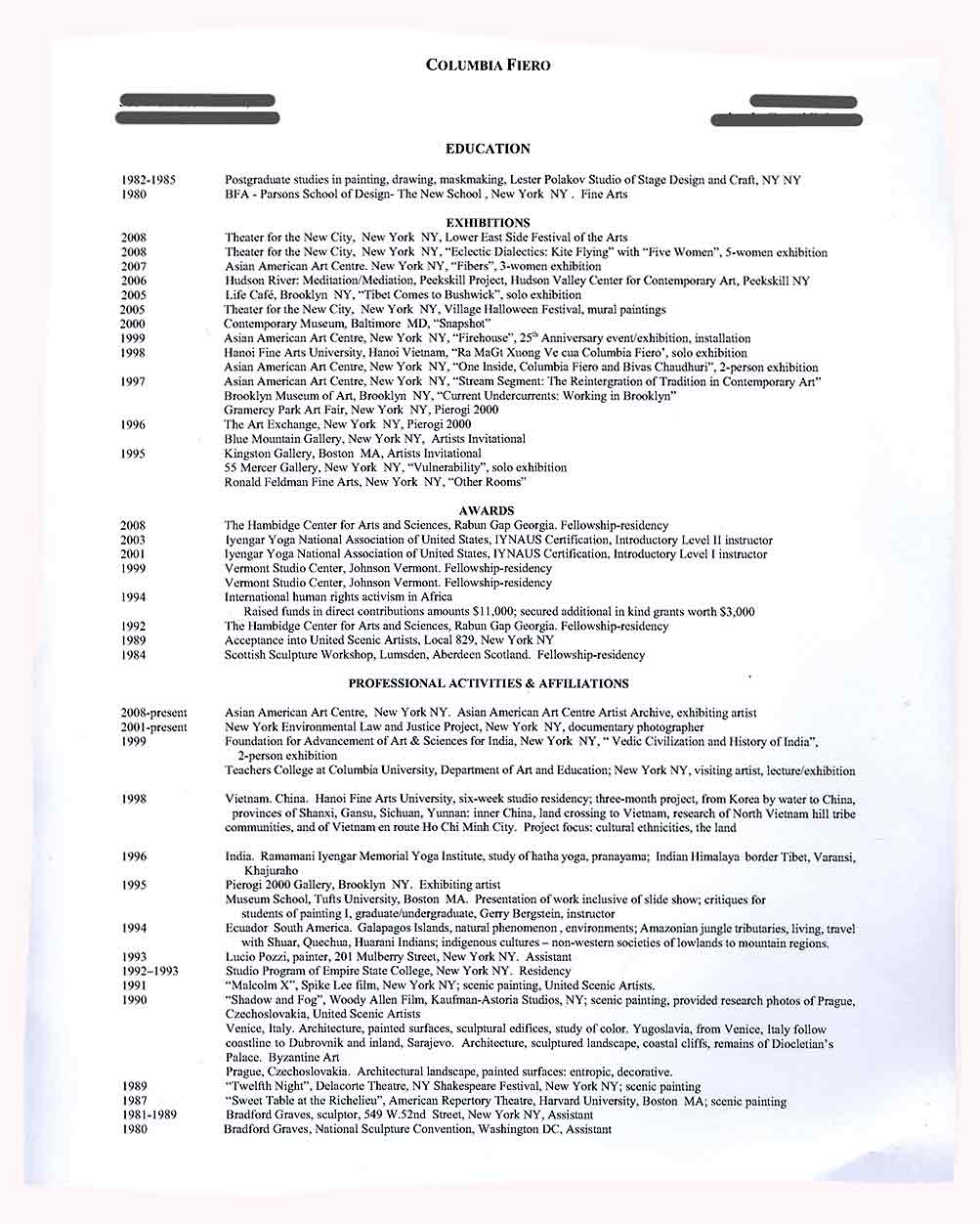 Columbia Fiero's Resume, [2008]